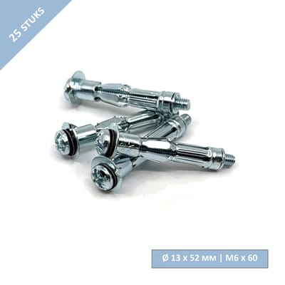 UFAST hollewandplug Ø 13 x 52 mm + schroef M6 x 60 mm - Verzinkt - 25 stuks