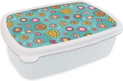 Broodtrommel Wit - Lunchbox - Brooddoos - Bloemen - Vlinders - Patronen - 18x12x6 cm - Volwassenen