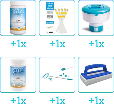 Zwembad Onderhoudspakket - Onderhoud Zwembad - bevat Chloor - Testrips - Chloordrijver - Chloor - Schoonmaakset en Scrubborstel (6-delig)