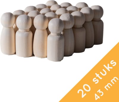 Homium Peg dolls 20 stuks man/vrouw - 43mm - Blanco houten poppetjes - pionnen - familieopstelling