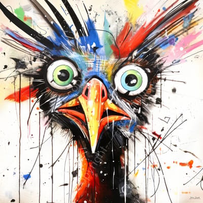 John Joseb Art (Aluminium) 80x80 | Gekke vogel, abstract, kleurrijk, kunst | dier, kip, ogen, blauw, rood, groen, oranje, vierkant, modern | foto-schilderij op dibond, metaal wanddecoratie