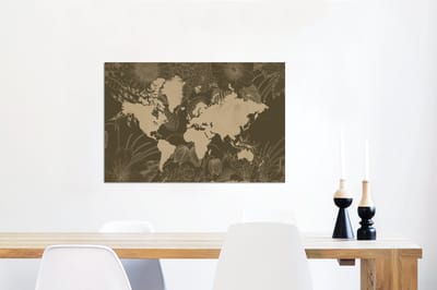 Aluminium schilderij 90x60 cm - Wanddecoratie metaal - Wereldkaart - Bloemen - Bruin - Metalen muurdecoratie woonkamer - Decoratie industrieel - Foto op dibond - Industriële accessoires slaapkamer