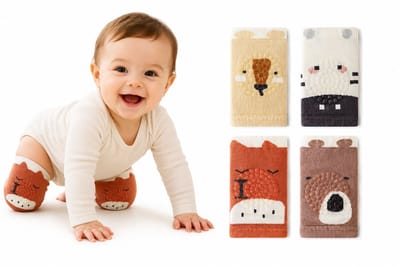 Baby Kniebeschermers Antislip – Kruipbeschermers - Set van 4 Dierendesigns – Kniesokken - Kruipsokken voor Baby's en Peuters – Bescherming & Extra Grip – Leeuw, Zebra, Vos en Beer