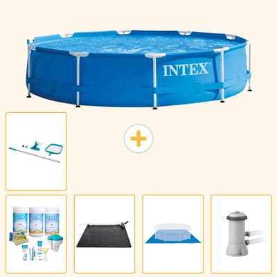 Intex Rond Frame Zwembad - 366 x 76 cm - Blauw - Inclusief Onderhoudspakket - Solar Mat - Grondzeil - Zwembadfilterpomp - Schoonmaakset - 6-delig