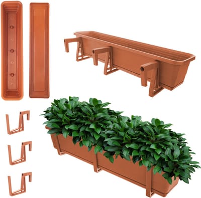 KADAX Wamat, bloembak met onderzetter, met of zonder bloembakhouders, van kunststof, plantenbak, balustrade, bloempot (baksteenrood, 80 cm + houders)