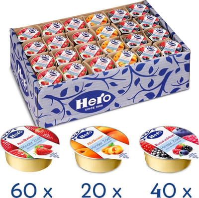 Hero Jam Minder Zoet assortiment - Broodbeleg - Jam - Aardbeien, Abrikozen & Bosvruchten - 120 Cupjes à 20 gram - Voordeelverpakking