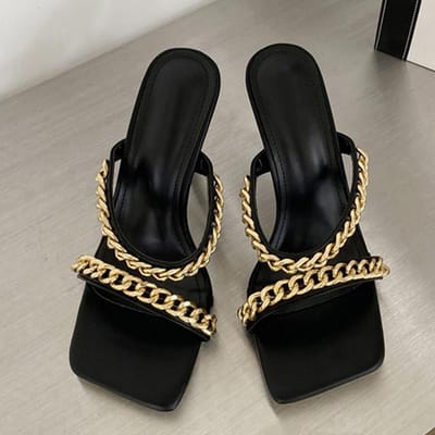 Liyke Open Teen Dunne Hoge Hak Slippers Dames Buiten Mode Ontwerp Metalen Ketting Sandalen Dames Slip-On Slides Schoenen 40 zwart