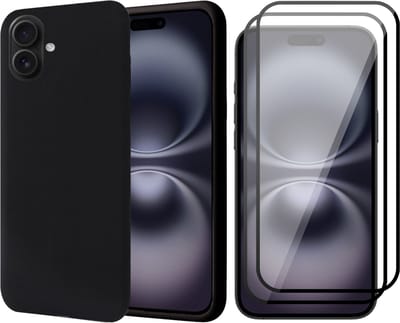 Hoesje geschikt voor iPhone 16 - 2x Screenprotector Volledig Dekkend Glas - Matte Case Zwart met Fluweelzachte Binnenzijde
