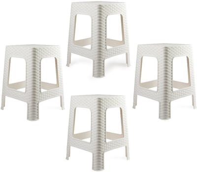 Plasticforte Zit krukjes - 4x - wit - rotan kunststof - 37 x 37 x 46 cm - extra zitplaatsen