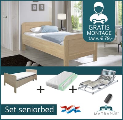 Seniorenbed Compleet elektrische set ledikant seniorenbed 90x200 cm eiken + 42-lats Elektrisch Verstelbaar + Champ - 7 Zone Pocket 300 matras - 90x200 cm