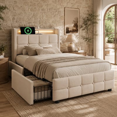 Eenpersoonsbed 90x200 cm - Gestoffeerd bed met USB-oplaadfunctie, hoofdbord, ledverlichting en 2 lades - bedframe met opbergruimte - lattenbodem van hout - Beige (matras niet inbegrepen)