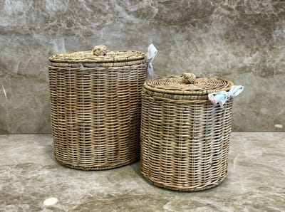Opbergmand Set van 2 - Met Deksel - decoshoppen - D25xH25 & D20xH20 cm - voorraad pot - Riet - Manden