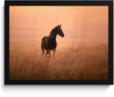 Poster in lijst - Fotolijst 40x30 cm - Posters - Paard - Grasveld - Zonsondergang - Posterlijst zwart - Decoratie - Wanddecoratie woonkamer - Muurdecoratie slaapkamer