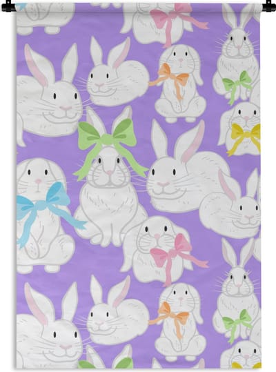Wandkleed - Wanddoek - Patronen - Konijn - Paars - Lente - 60x90 cm - Wandtapijt