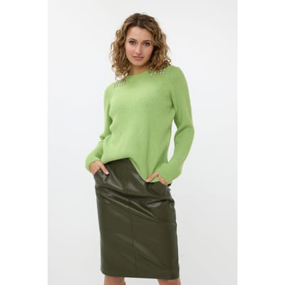 EsQualo Sweater Shoulder Pearls Matcha Green Maat: S | Sweaters Outlet | Dames | Groen