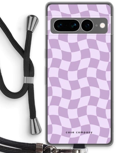 Case Company® - Hoesje met koord geschikt voor Google Pixel 7 Pro hoesje met Koord - Grid Paars - Telefoonhoesje met Zwart Koord - Bescherming aan alle Kanten en Over de Schermrand