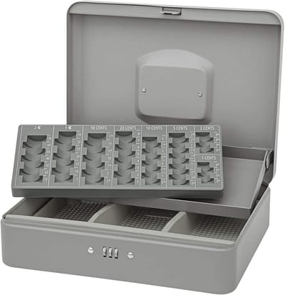 Geldcassette met Cijferslot en Muntenplaat - Zwaarbeveiligde Pennies Kassa voor Briefgeld en Munten (30x24x9 cm)