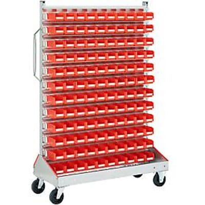 Trolley v. magazijnbakken, enkelzijdig, b 1130 x d 510 x h 1705 mm, 120 x 0,7 l rood