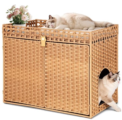 Kattenhuis Kattenkooi voor Kattentoilet Verborgen Kattenklo-Meubels, Groot Rattan Kattenhuis met Kattenklo Mat, Natuurlijk (LB17)