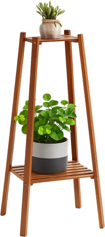 Lomera Bamboe Plantentafel - 2 Laags - Donker Gelakt - Hoog - Plantentafel voor Binnen - Plantenstandaard - Mini Tuingereedschap Onderste Plateau Bovenste Plateau - Stabiele Basis