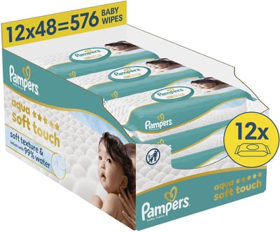 Pampers Aqua Soft Touch - Billendoekjes - Zachte Textuur & Lotion Met 99% Water - 12 Verpakkingen van 48 Doekjes = 576 Babydoekjes