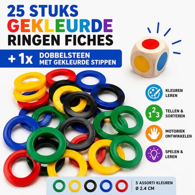 Decopatent - 25 STUKS Gekleurde Ringen Fiches 24 mm + 1x Dobbelsteen met Gekleurde Stippen - 5 Assorti Kleuren Fiches Ø2.4 Cm - Educatief Spel Assorti Kleuren