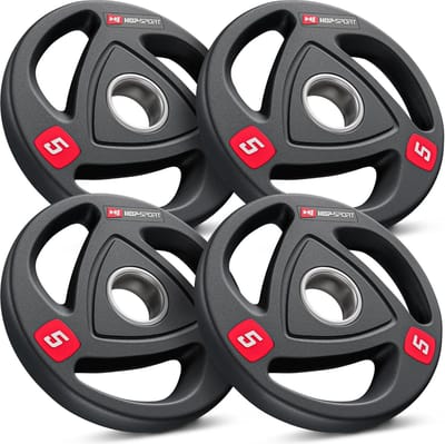 Hop-Sport Olympische Halterschijven Set 20 kg - 4 x 5 kg Schijven - 50 mm Boring - Ideaal voor Halterstangen en Krachtapparatuur in je Home Gym - Gietijzer met Rubber Coating - Fitness Accessoires