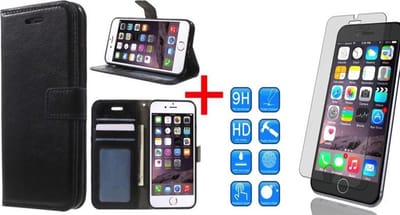 Hoesje geschikt voor Apple iPhone 7 Plus - Kunstlederen TPU Wallet Case Zwart - Portemonee Hoesje - Book Case - Flip Cover - Klap - 360 beschermend Telefoonhoesje + Tempered Glass Screenprotector 2,5D 9H (Gehard Glas)