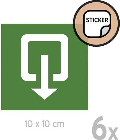 Pictogram/ stickers (6x) | Nooduitgang met pijl | 10 x 10 cm | Noodgeval | Brandbeveiliging | Groen | Nood | Calamiteit | Noodpictogram | Noodsituatie | Wettelijke verplichting | Sticker | 6 stuks