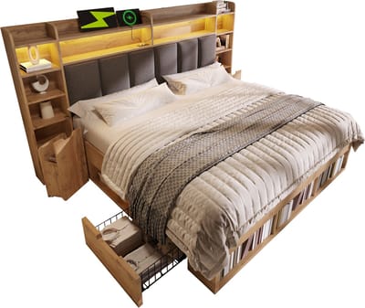 160x200 cm tweepersoonssysteembed, eikenkleurig, gestoffeerd hoofdeinde met ledverlichting, nachtkastjes met USB- en Type-C-aansluitingen, opbergruimte en rollade, houten lattenbodem (zonder matras)
