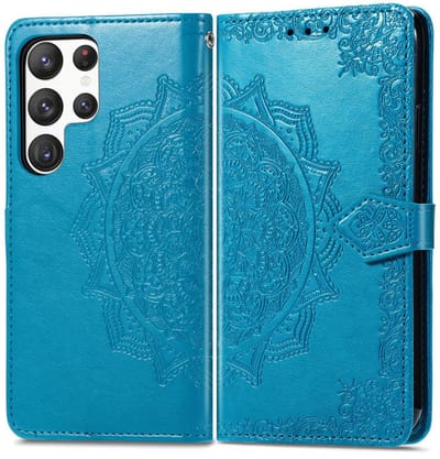 YPCd - Bookcase geschikt voor Samsung Galaxy S23 Ultra - Bloemen Design - Portemonnee / Wallet Hoesje - Blauw