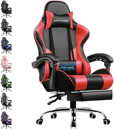GTPLAYER Gamingstoel Ergonomische met Volledige Ondersteuning voor Hoofd, Lenden en Voeten, PU-Rood