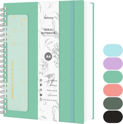 SnelShoppen - A4 Spiral Notebook 300 Pagina's met 100gsm Inktvrij Papier, PVC Harde Kaft, Ruler, Expandable Pockets, Elastische Band - Blauw Groen