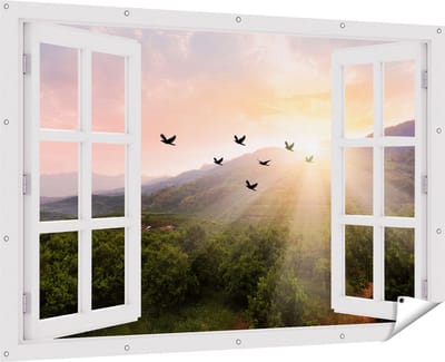 Gards Tuinposter Doorkijk Silhouet Zwerm Vogels bij Zonsondergang - 180x120 cm - Tuindoek - Tuindecoratie - Wanddecoratie buiten - Tuinschilderij