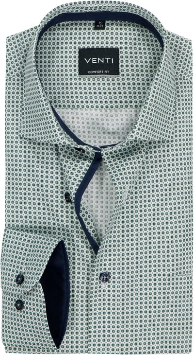 VENTI CASA MODA comfort fit overhemd - popeline - wit met groen en blauw dessin - Strijkvriendelijk - Boordmaat: 40 (EU maat: M)