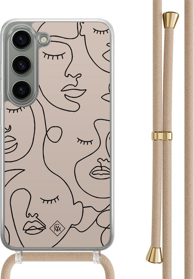 Casimoda® hoesje met beige koord - Geschikt voor Samsung S23 - Abstract Faces - Afneembaar koord - TPU/polycarbonaat - Bruin/beige