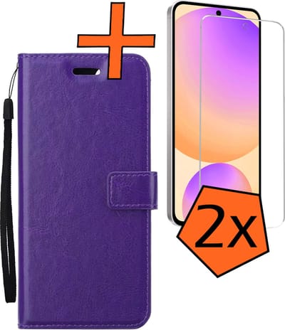 Hoes - Met 2x Screenprotector - Geschikt voor Samsung Galaxy S24 FE - Luxe Pasjeshouder - Bookcase Portemonee - Flip Case - Kunstleer Book Case - Flipcase Hoes - Book Cover - Walletcase - PortemonneeHoes - Paars
