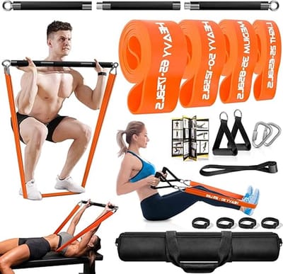 Fitness Apparaten Set voor Thuis – Krachttraining met Afneembare Trainingsbar – 4 Weerstandsbanden – Complete Home Gym Set