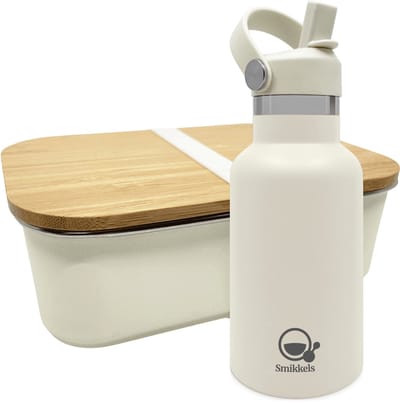 Smikkels - Lunchset RVS lunchbox met thermos drinkfles - Zacht wit - 304 RVS (18/8) - Schoolset kinderen - Thermosfles 350ml - broodtrommel 900ml