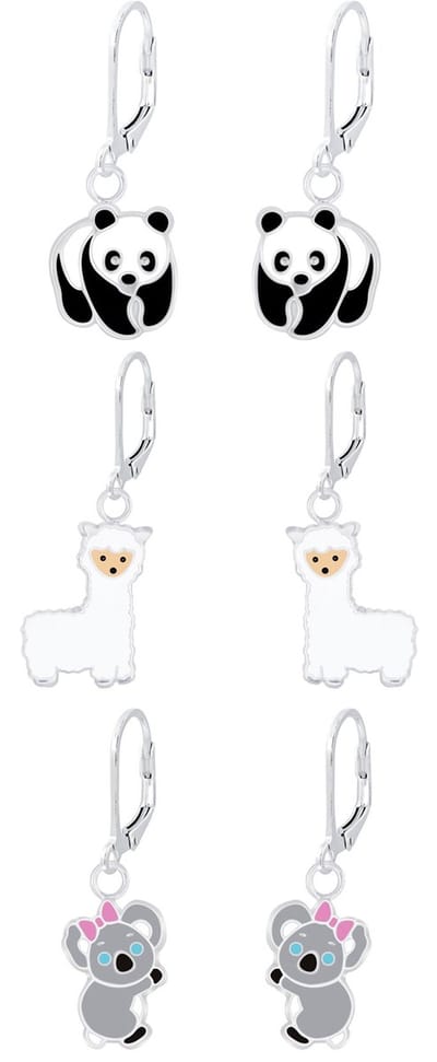 Joy|S - Zilveren oorbellen set 3 paar met leverback sluiting : Panda - Alpaca - Koala - kinderoorbellen set - sterling zilver 925