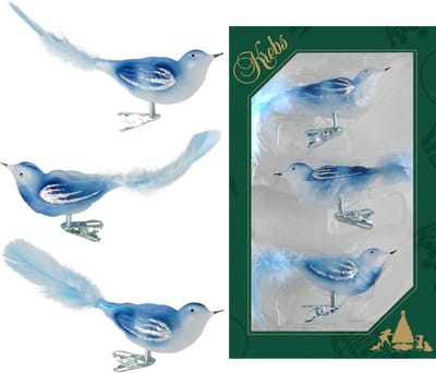 Krebs Decoratie vogels - 3x stuks - op clip - blauw - 11 cm - glass - Decoratievogeltjes - Kerstboomversiering