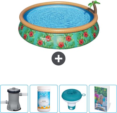 Bestway Rond Opblaasbaar Fast Set Zwembad - Paradijsprint - 457 x 84 cm - Inclusief Pomp Chloor - Chloordrijver - Zwembadgids