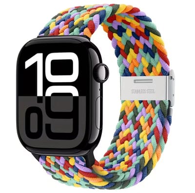 Gemengde kleur nylon horlogebandje geschikt voor Apple Watch dames en heren 42mm (serie 1 / 2 / 3) / 44 mm / 45 mm / 46 mm (serie 10 / 11) / 49 mm (Ultra / Ultra 2) , elastisch gevlochten smartwatch bandje zonder gesp, stretch