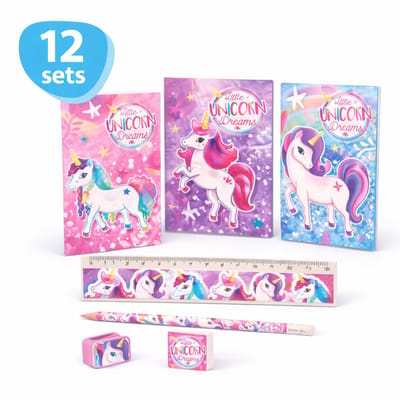 Isa's Friends® - Uitdeelcadeaus Unicorn Schrijfset - 12 Sets - Traktatie - 5-Delig - Uitdeelcadeautjes voor Kinderen