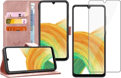 Hoesje geschikt voor Samsung Galaxy A33 - Book Case Kunstleer Wallet Cover Portemonnee Pasjeshouder Hoes Roségoud - Tempered Glass Screenprotector