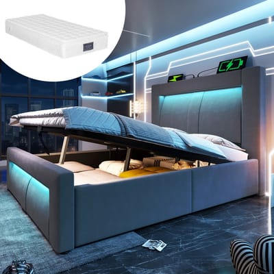 DESMIU Gestoffeerd Bed 90x200cm Met Matras – Hydraulisch Bed Met Opbergruimte Onder Bed – Ledverlichting En Oplaadpunt – Grijs