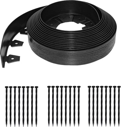 63 cm Hoge Muur Landschapsrand Zonder Graaf - Ankeringspikes - Kunststof Tuinrand - Houtnerftextuur - 40 Voet Kit - Zwart - 3220E-40C