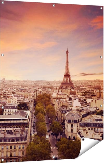 Gards Tuinposter Skyline Parijs met Eiffeltoren - 90x120 cm - Tuindoek - Tuindecoratie - Wanddecoratie buiten - Tuinschilderij
