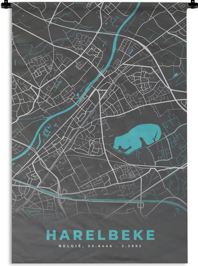 Wandkleed - Wanddoek - België – Harelbeke – Stadskaart – Kaart – Blauw – Plattegrond - 120x180 cm - Wandtapijt