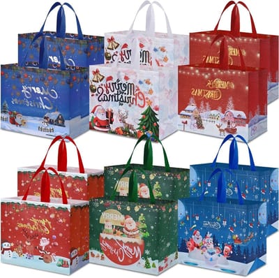 Kerstcadeauzakken, Multifunctionele Niet-geweven Tas met Handvatten, Ideaal voor Cadeaus, Feestversieringen en Winkelen (12 stuks)